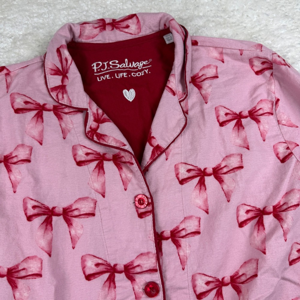 PJ Salvage Flannel Pajama TOP ONLY Women M Pink Bow Button Down Long Sleeve